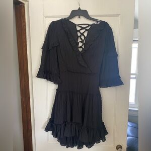 Black Macaron lace up back dress